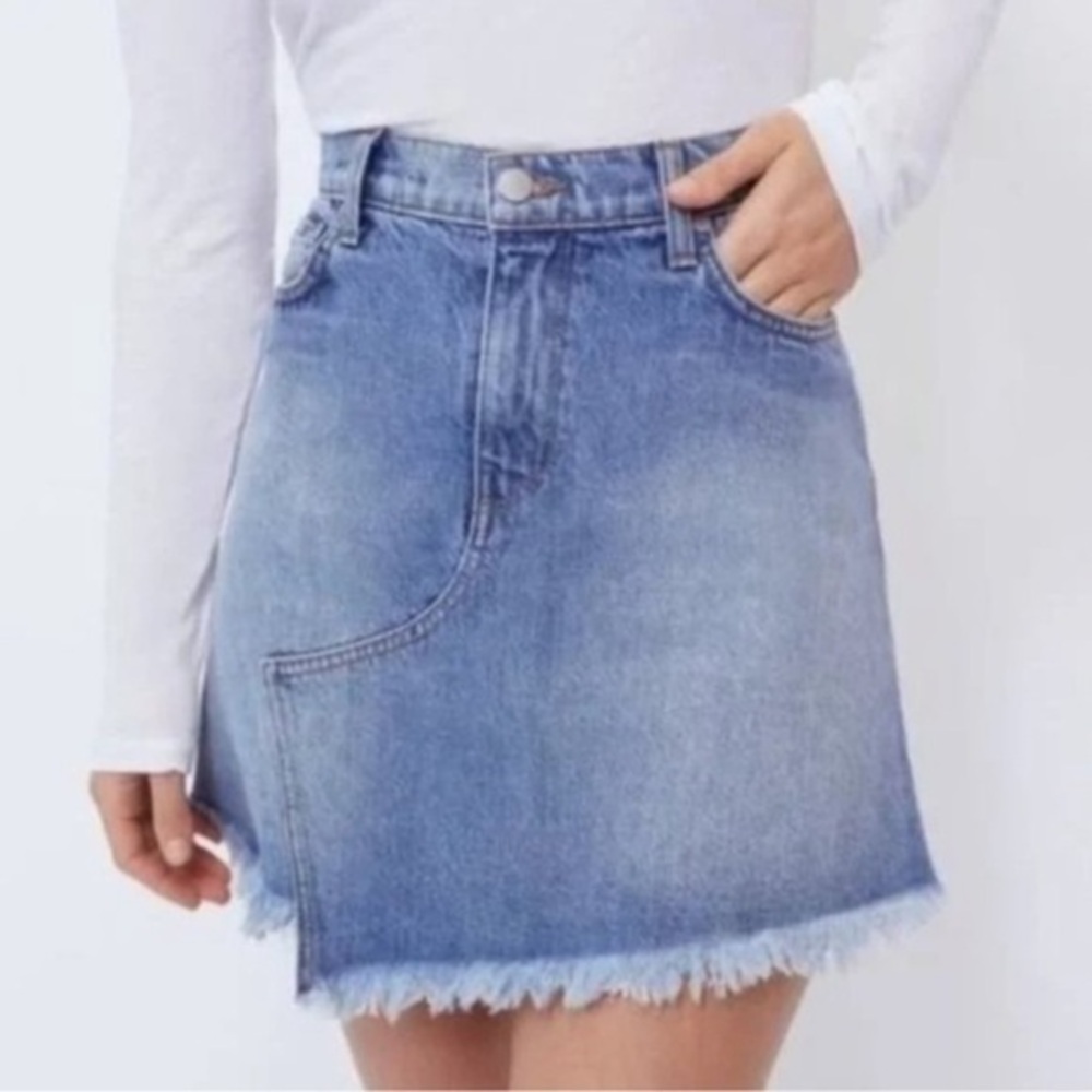BLDWN Women Andie Frayed Fringe Asymmetric Hem Denim Jean High Waist Mini